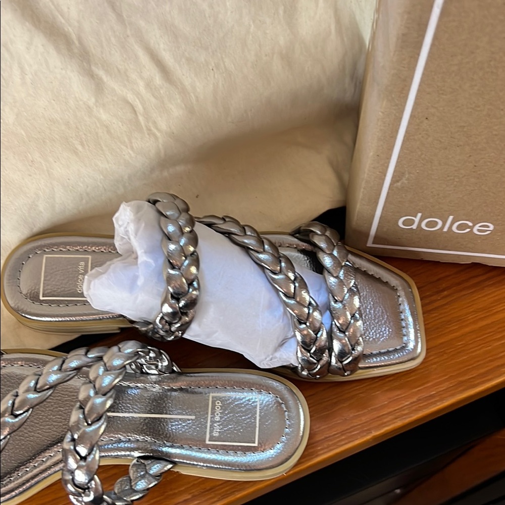 Dolce Vita Metallic Silver Braided Sandals Graphite - Picture 3 of 5